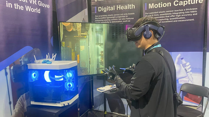 User experiencing UDCAP VR Gloves with immersive hand tracking at AWE 2025