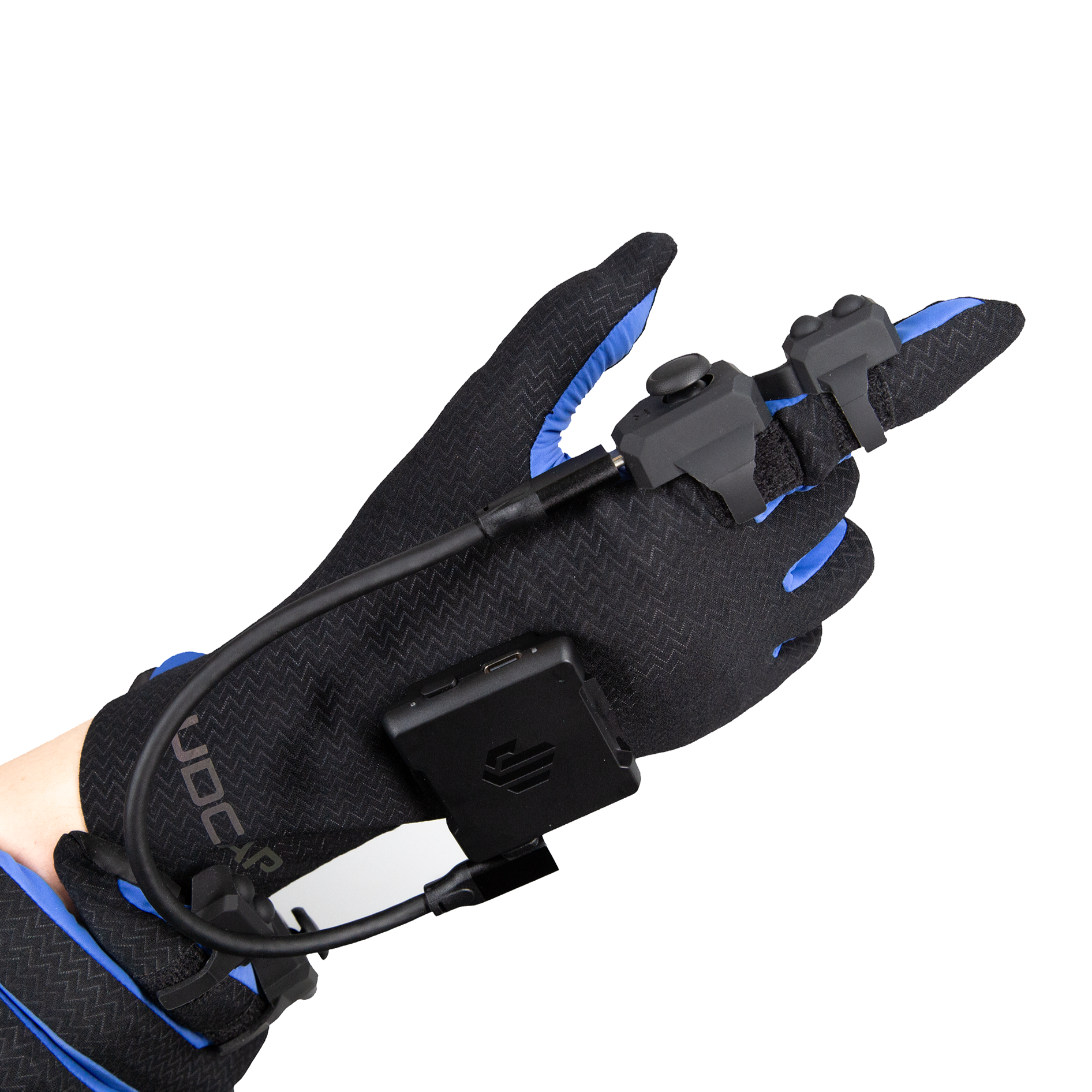 User wearing wireless VR gloves for realistic hand gesture control in virtual reality